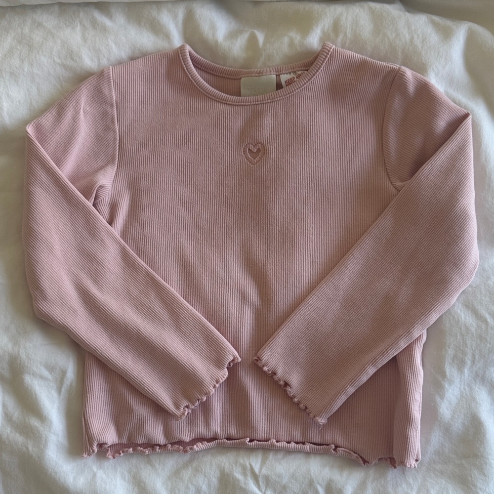 Zara Kids Long Sleeve Pink Ribbed Women's Sweater with Heart Detail, Size 5